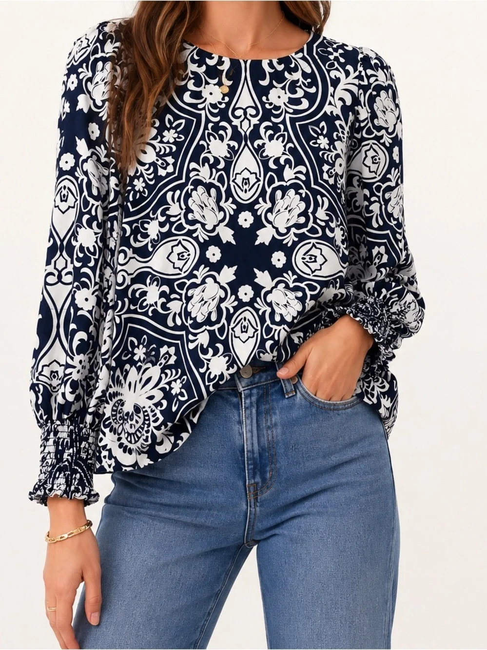 Boden Navy Blue White Scroll Print Smocked Sleeve Blouse US 10 Timeless Top Chic